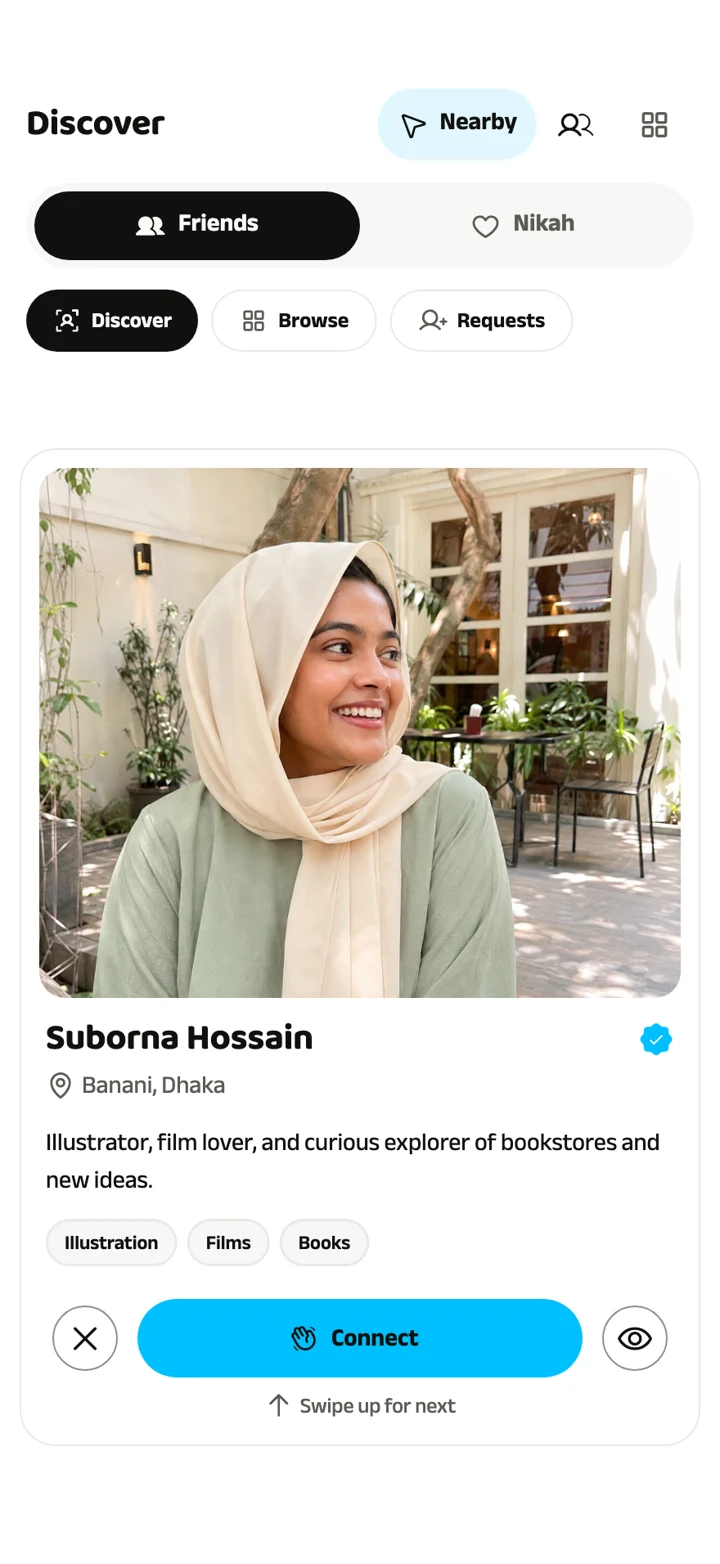 The Friends tab in Discover, showing a verified profile from Banani, Dhaka with Connect, pass and view controls.