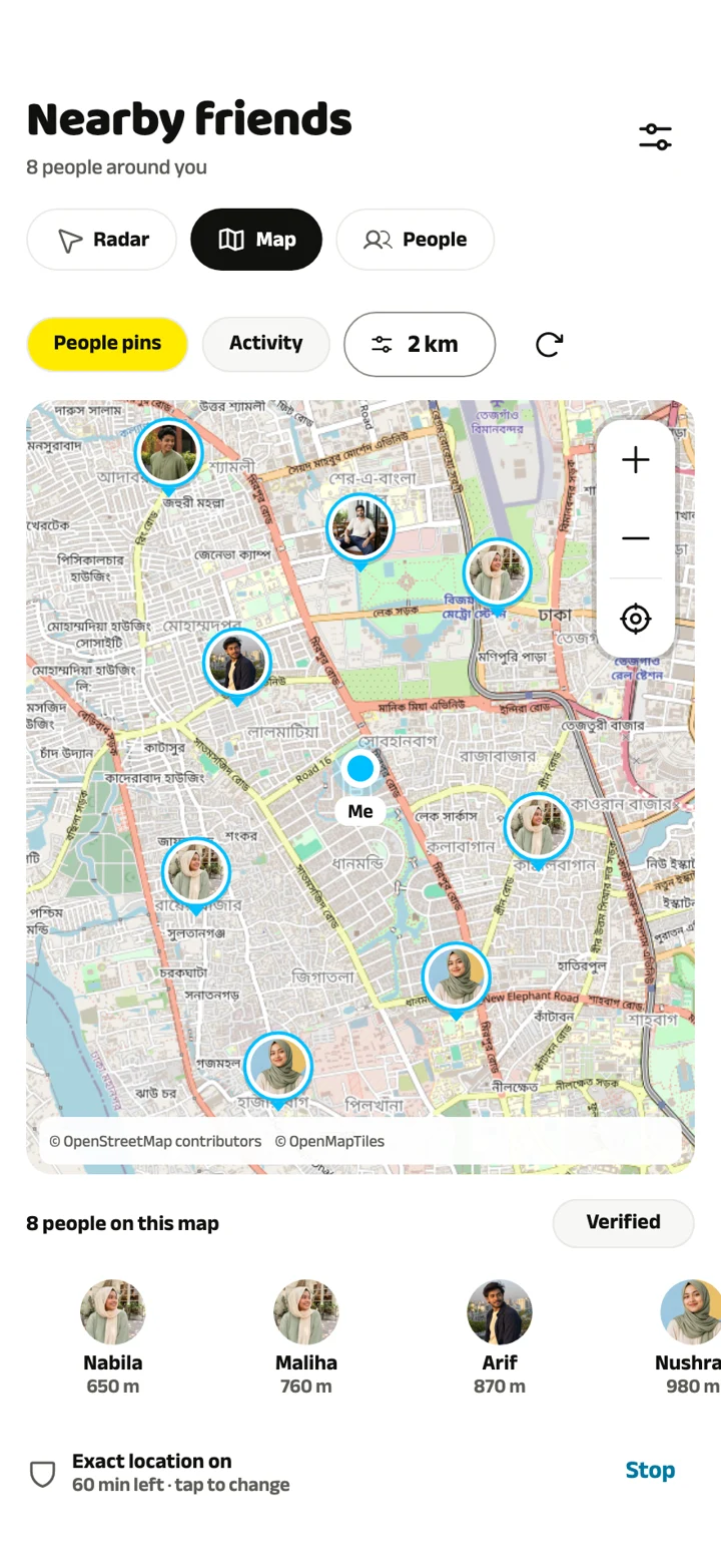 Nearby Friends in Umego, shown with demo profiles.