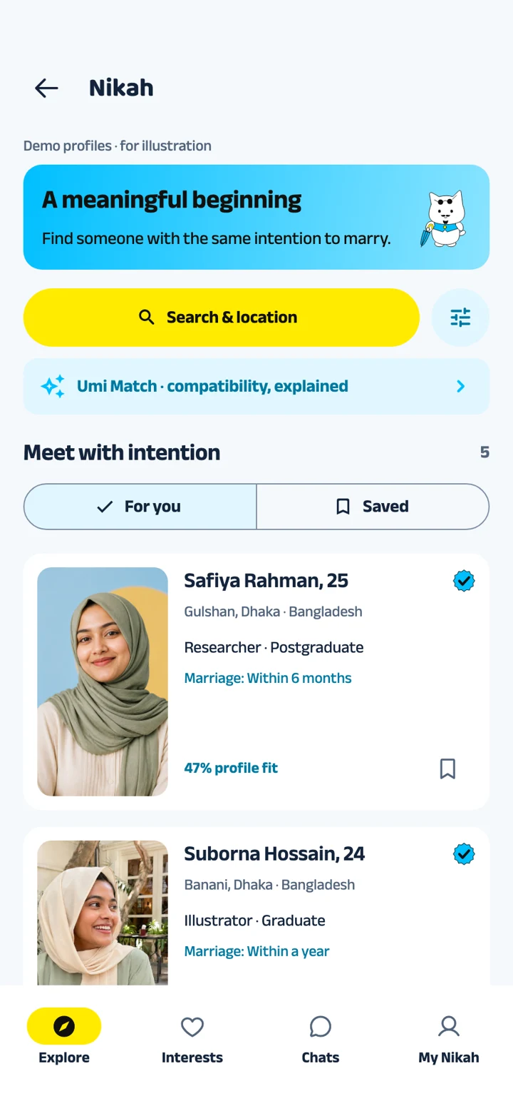 The updated Nikah tab with illustrative profiles and matching controls.