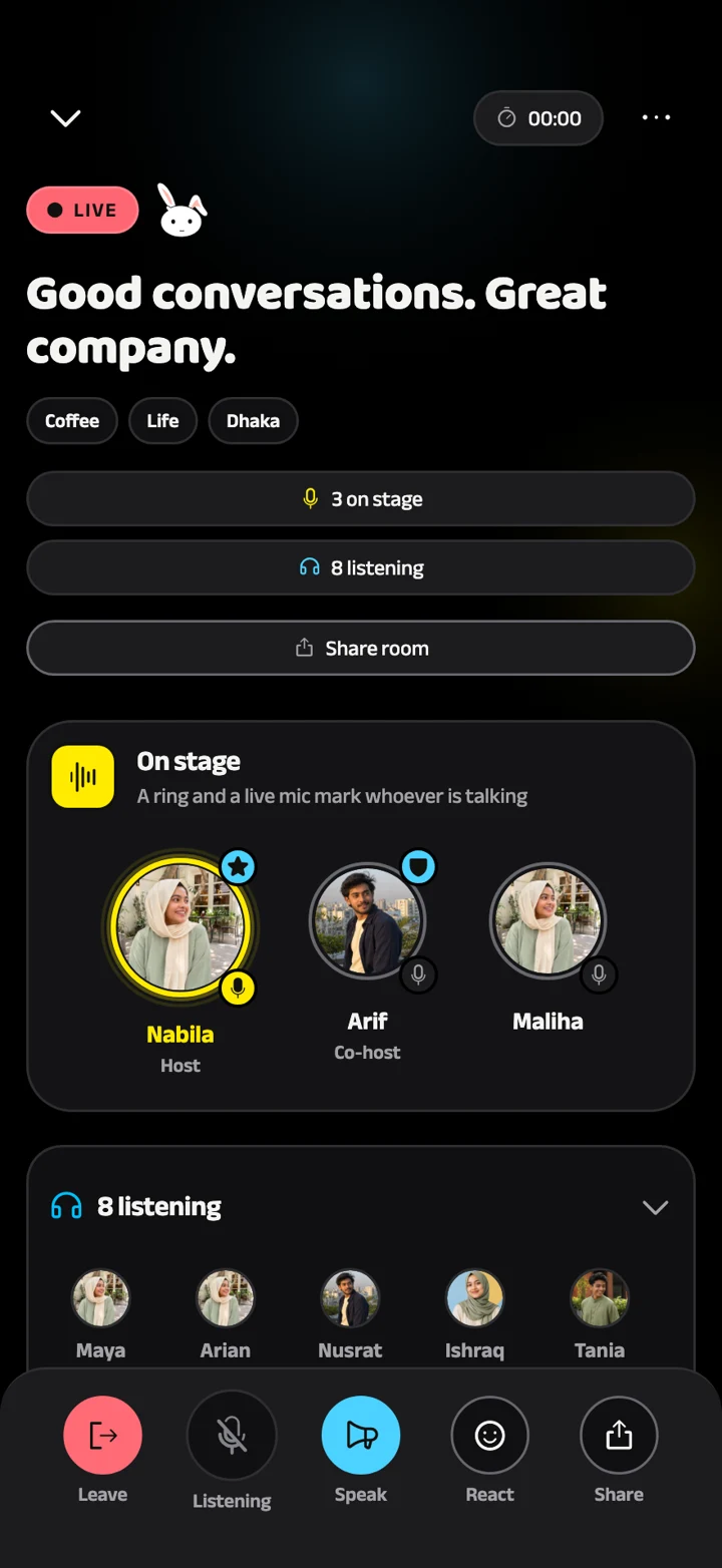 A Umego audio Space with demo speakers, listeners and stage controls.