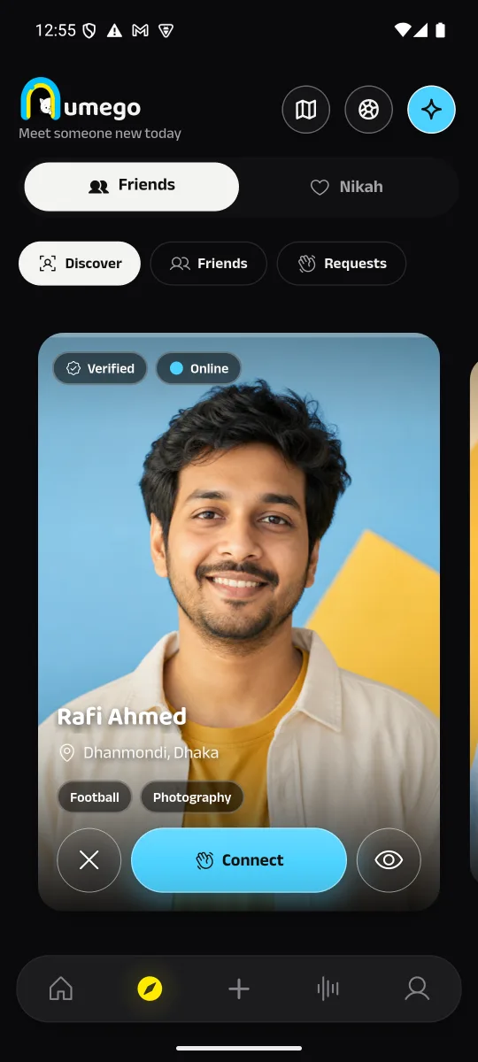 The Friends tab in Discover, showing a verified profile from Dhanmondi, Dhaka with Connect, pass and view controls.
